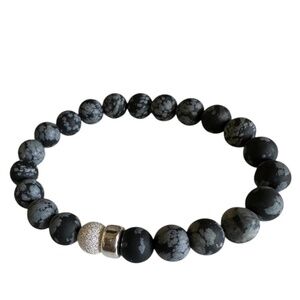 Classic 8mm Snowflake Obsidian Stretch Bracelet Sterling Silver Accents | Black